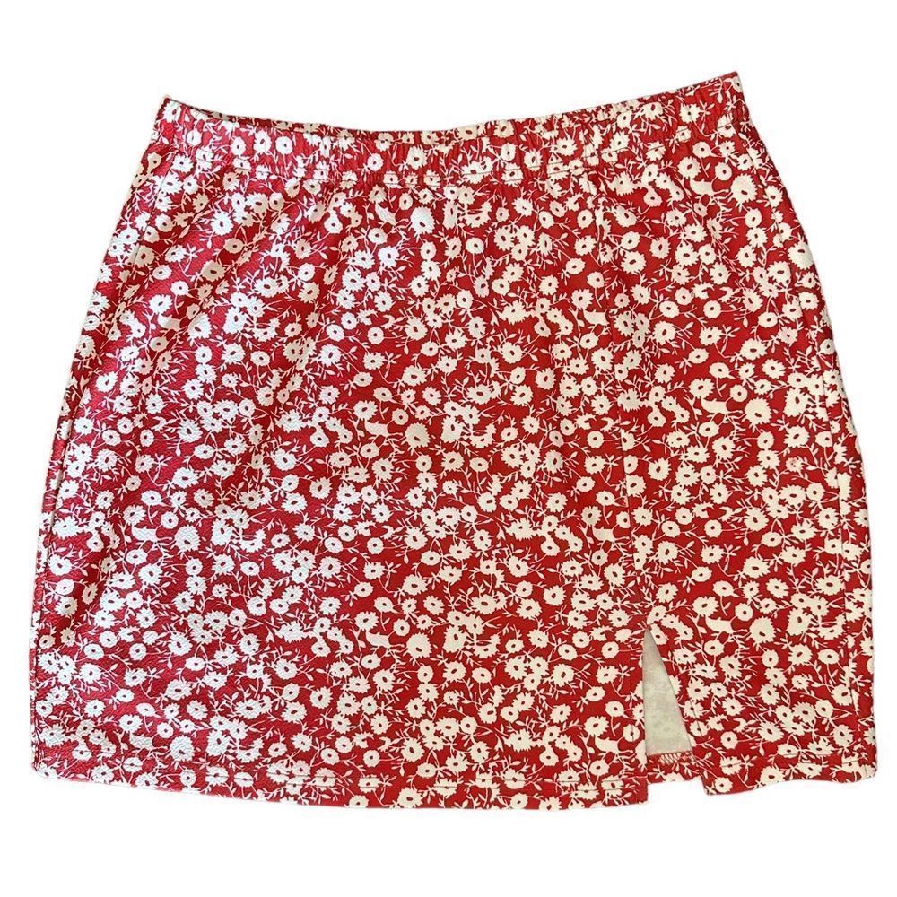 Red & White Ditsy Floral Bodycon Mini Skirt Size Large
